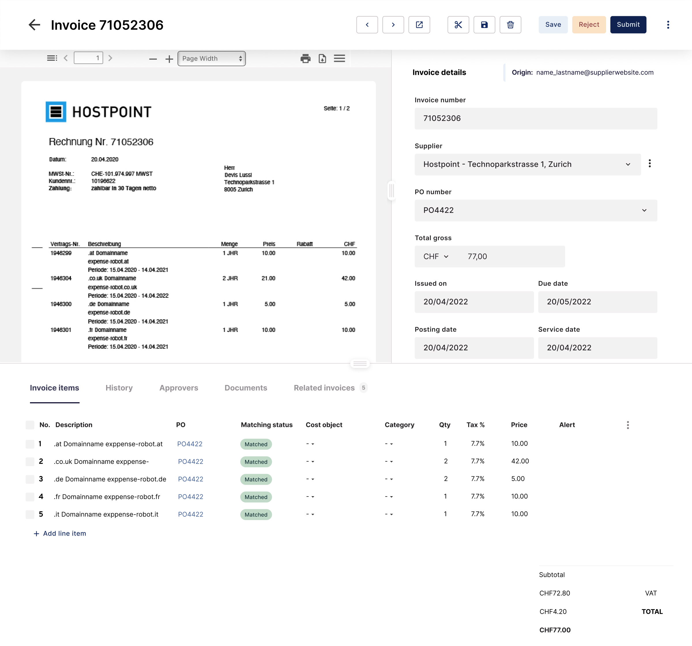 Design iteration 6: Final design — action buttons in header, line items at full width, secondary content in tabs